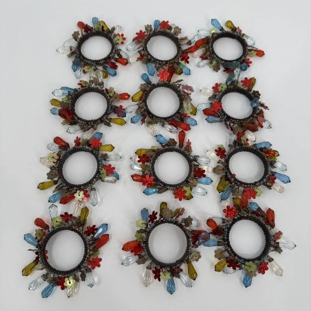 VTG Pier One Floral Springtime Beaded‎ Napkin Rings Set of 12 Boho Floral Modern